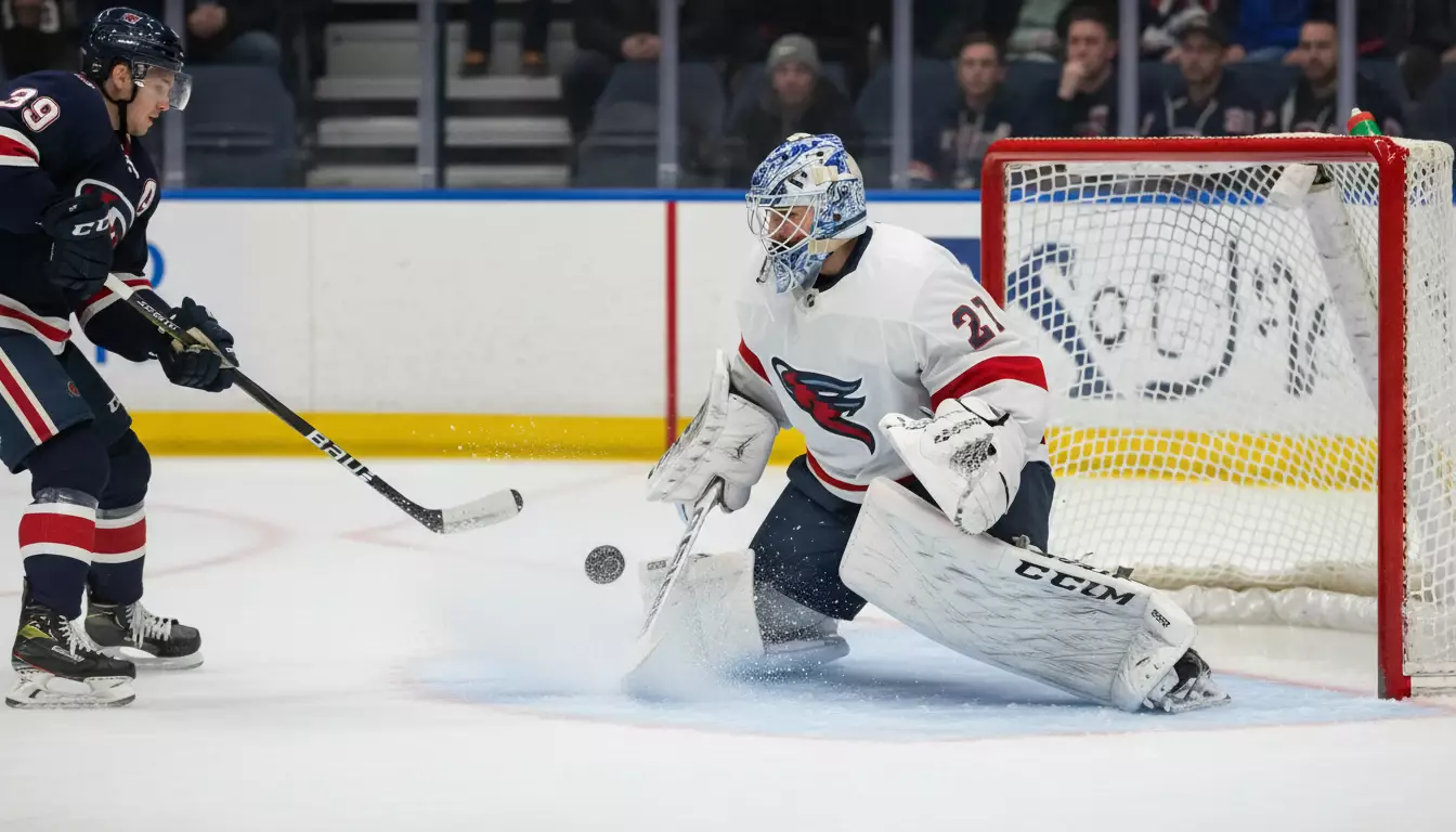 Ice hockey goaltender making spectacular save during game
